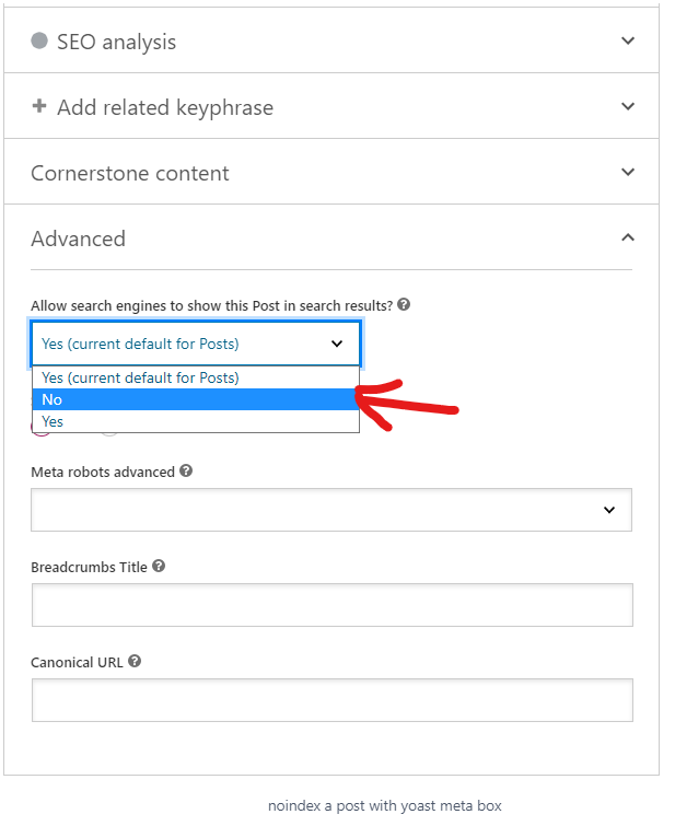 screenshot of yoast seo meta box in the post editor which is detailing the noindex dropdown