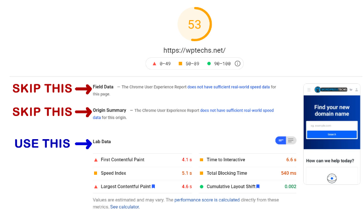 screenshot of google pagespeed insights scan with arrows showing that users should view the lab results scan