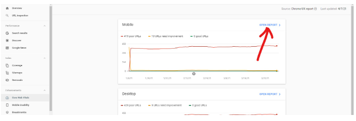 google search console screenshot showing how to find core web vitals scores