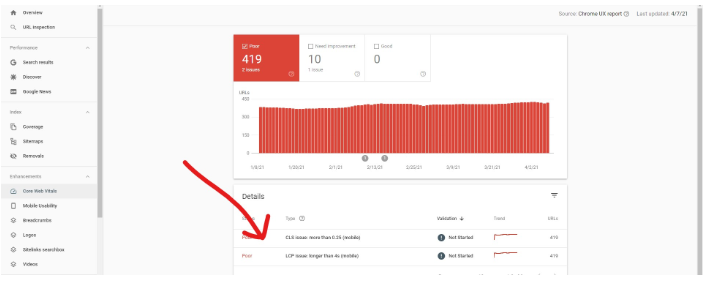 google search console screenshot showing how to find core web vitals scores