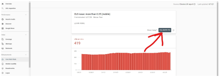 google search console screenshot showing how to find core web vitals scores