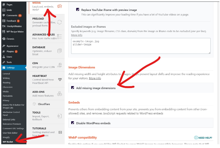 screenshot of wp rocket settings panel detailing the missing image dimensions fix