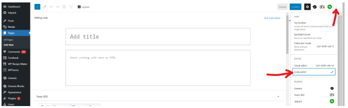 screenshot of wordpress admin area switching the editor to html mode