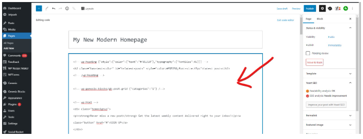 screenshot of wordpress admin area showing where to paste html code in a page