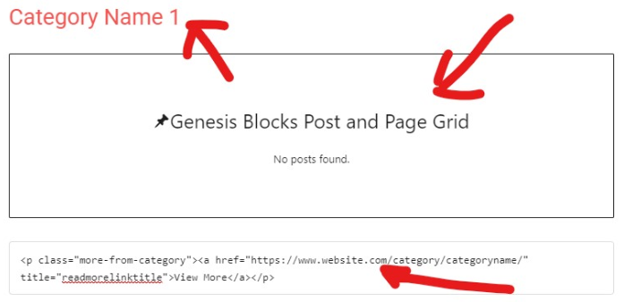 screenshot of genesis post and page grid block and arrows pointing at things to customize