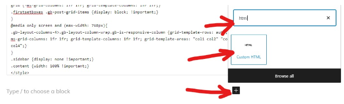 screenshot of wordpress editor showing how to pull up a custom html block