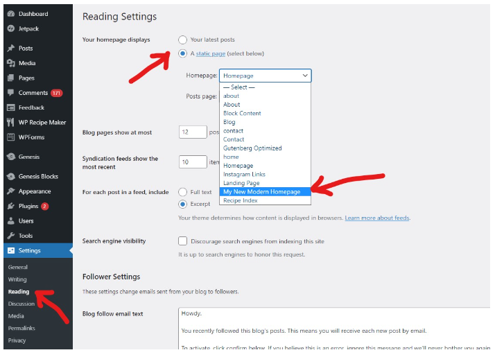 screenshot of wordpress admin area showing the settings reading area where you can select a page to be the homepage