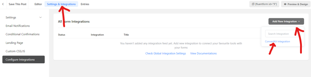 screenshot of fluentforms form editor showing the default settings for the settings and integrations tab