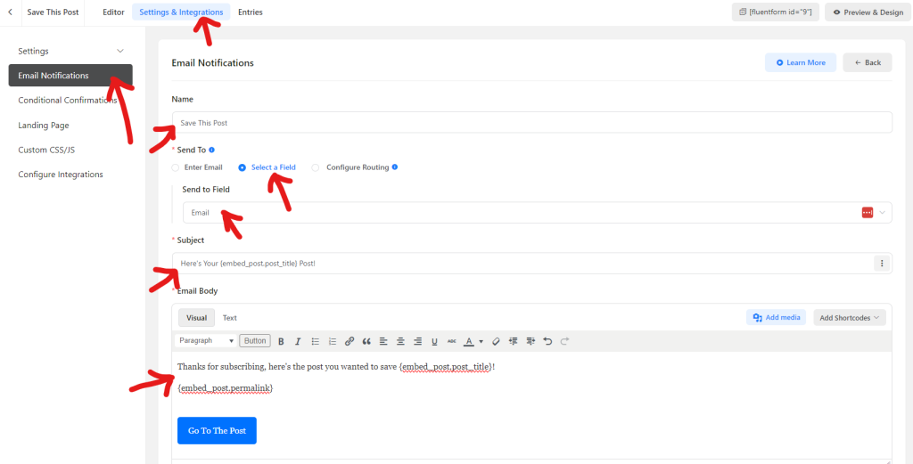 screenshot of fluentforms form editor showing the settings screen for the settings and integrations tab with arrows pointing at relevant sections