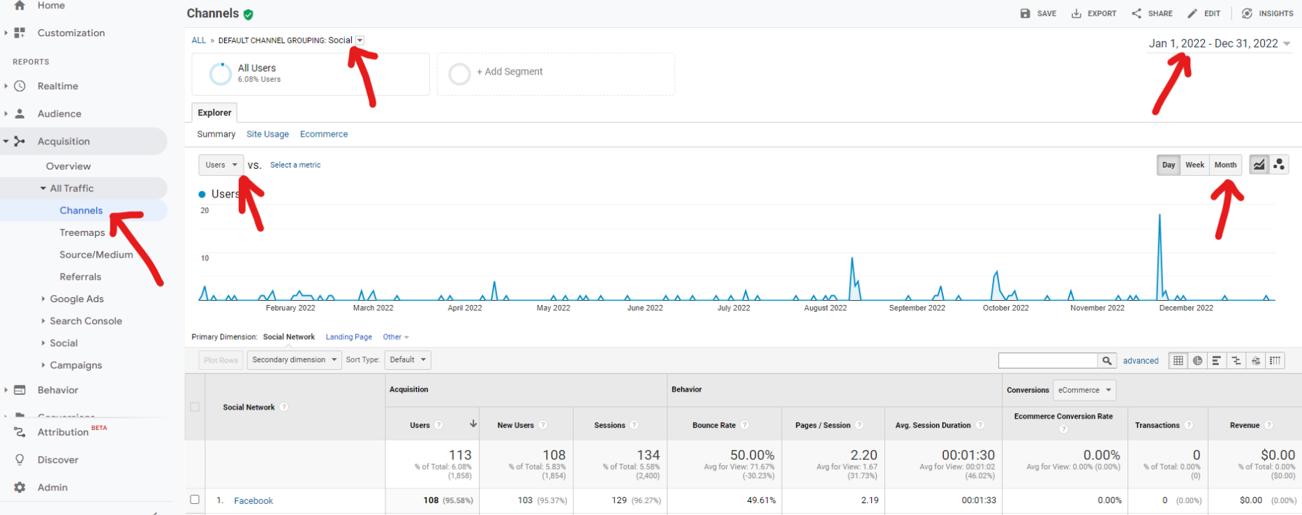 google analytics traffic source sub report showing individual social network stats