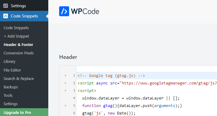 screenshot of wordpress admin area showing the header and footer section of WPCode's code snippets plugin