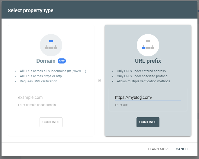 screenshot of google search console's "select a property type" screen.