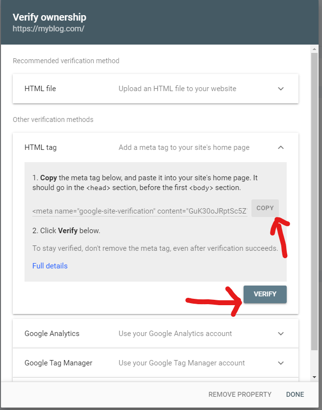 screenshot of google search console's "verify ownership" screen.