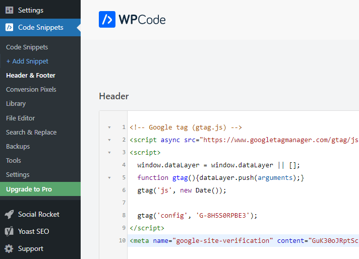 screenshot of wordpress admin area in the WPCode Header code insertion screen, showing the placement of google search console verification code directly below the analytics code