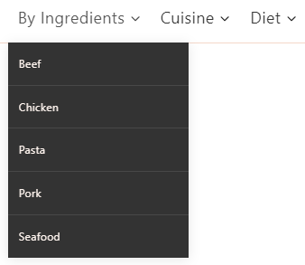 screenshot of a desktop website menu, featuring links for "ingredients" and "cuisine" and "diet", with one of the menus open revealing a submenu with options for beef, chicken, pasta, pork, or seafood links.